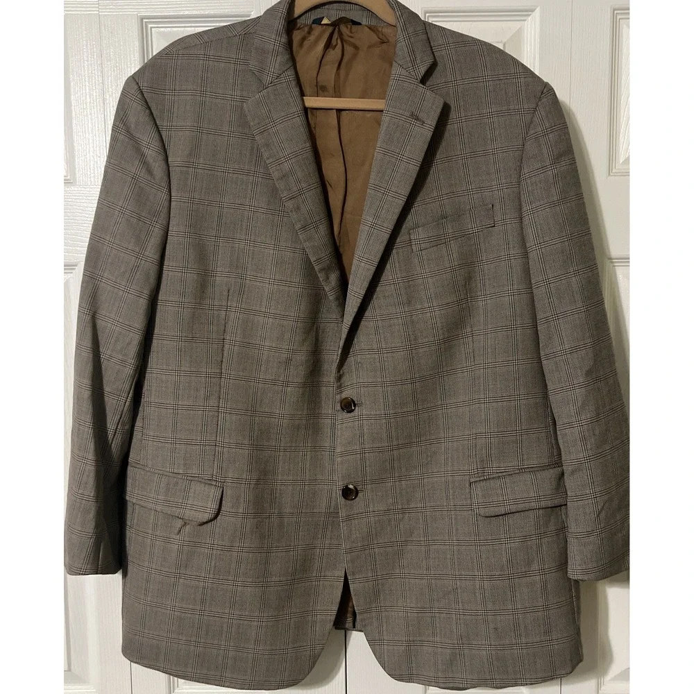 Brooks Brothers Fitzgerald Fit Tan Plaid 100% Wool Blazer Size 48R‎